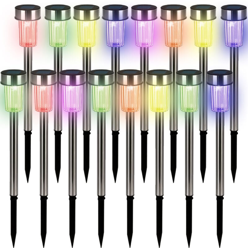 16 Piece led Solar Stake Lights Garden Outdoor Pathway Stainless Steel Lighting Rechargeable Patio Lamps Lantern - Monzana