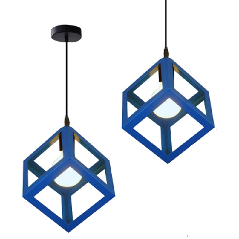 2pcs Creative Pendant Light Square, Modern Metal Geometric Hanging Ceiling Lamp Cube Cage Chandelier Fixture (Blue)