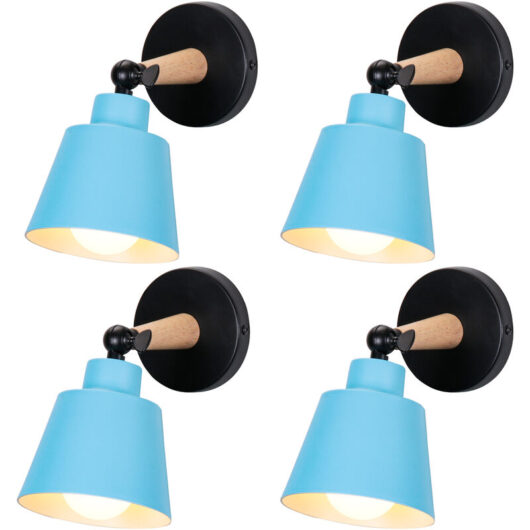 Axhup - 4X Wall Light, Modern Wooden Wall Lamp with Adjustable Arm, Simple Wall Sconce Fixture with Metal Lampshade for Bedroom Living Room (Blue)