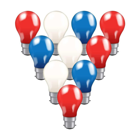 Coronation) Red, White and Blue Crompton Lamps 25W Festoon GLS B22 Dimmable (10 Pack