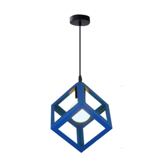 Creative Square Pendant Light Metal Iron Cage Pendant Lamp Modern Geometric Hanging Lamp Retro Modern Ceiling Light (Color:Blue)