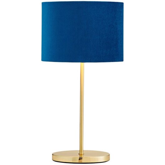 Table Lamp Stick Base With Blue Oval Velvet Shade - Satin Brass - Litecraft