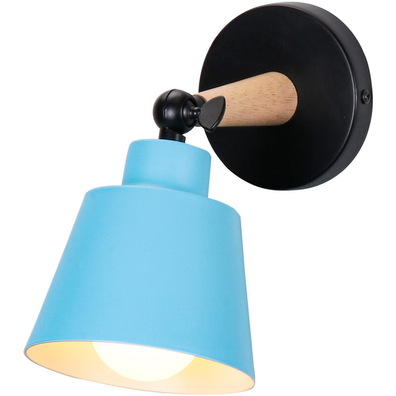 Wall Light, Modern Wooden Wall Lamp with Adjustable Arm, Simple Wall Sconce Fixture with Metal Lampshade for Bedroom Living Room (Blue)