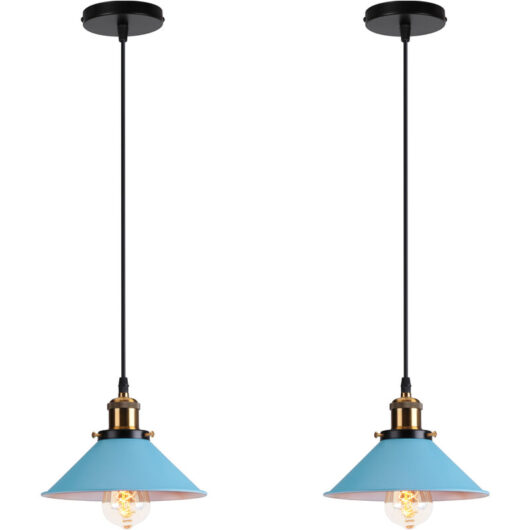 Axhup - 2X Pendant Light Fitting, Antique Dome Chandelier with ⌀22cm Lampshade, Vintage Hanging Lamp for Living room Bedroom Dining Room (Blue)