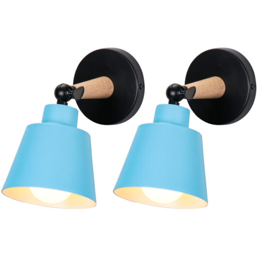 Axhup - 2X Wall Light, Modern Wooden Wall Lamp with Adjustable Arm, Simple Wall Sconce Fixture with Metal Lampshade for Bedroom Living Room (Blue)