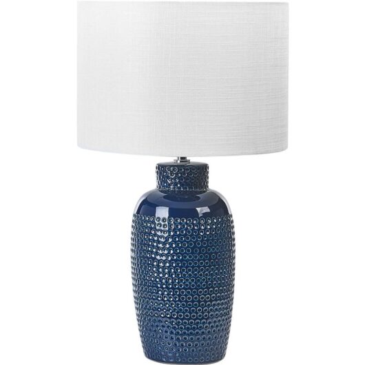 Ceramic Bedside Table Lamp White Drum Shade Handmade Navy Blue Perlis