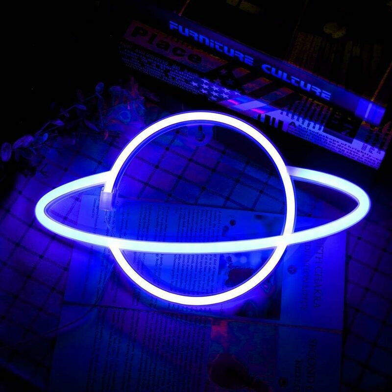 Planet Neon Light, Blue Pink Planet Neon Signs Light up Art Wall Decor Light-Waterproof led Night Light - Battery Operated or usb Planet Lamp for