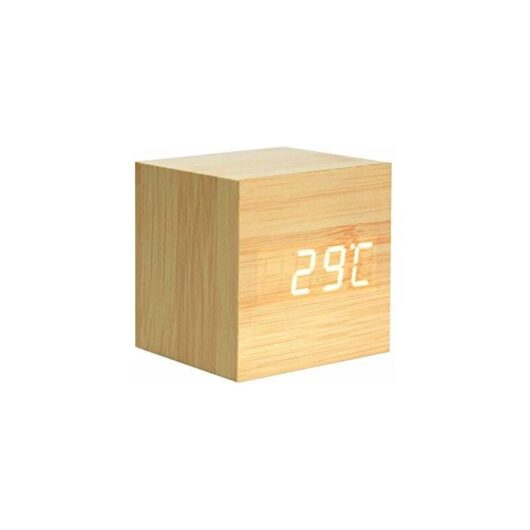Wooden Alarm Clock - Mini Digital Clock with Temperature Time Display, 3-Level Brightness and Voice Control Ideal for Home Travel - AC10YellowWhite