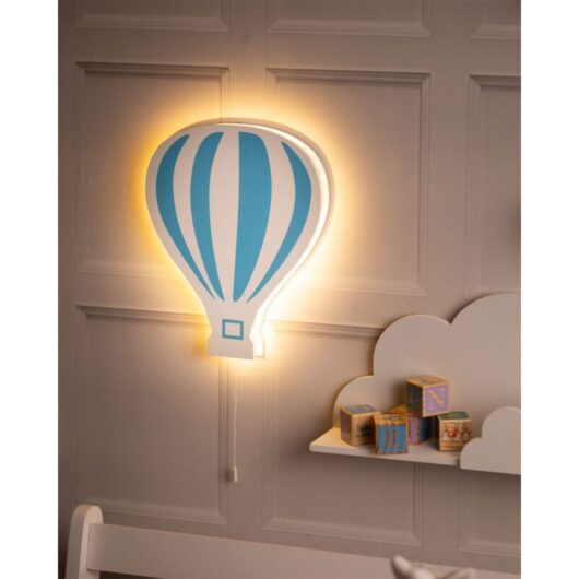 Marco Paul - Blue & White Hot Air Balloon Wooden Night Light Wall Mounted Nursery Lighting Baby Kids Childs Room Wall Lamp Bedroom Dcor Bedside Lamp