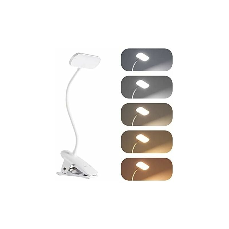 WAY - Rechargeable wireless led desk lamp, clamp lamp with 36 LEDs, reading lamp 5 color temperatures and 5 brightness levels, 360° flexible