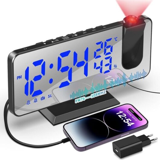 Linghhang - 1pc (blue characters) temperature and humidity multi-function radio projection alarm clock creative led mirror electronic clock digital