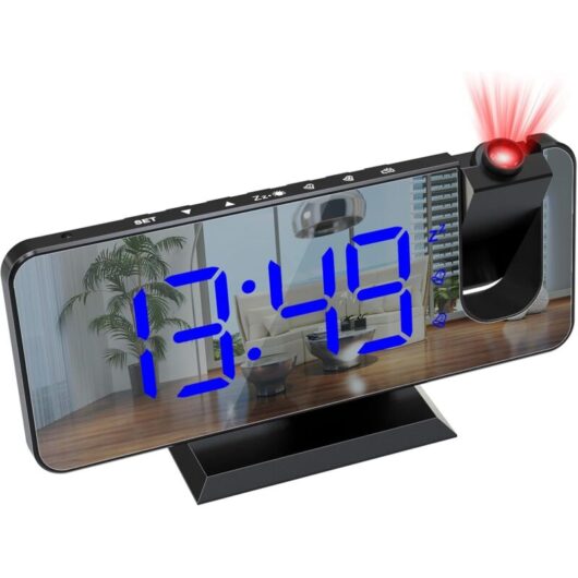 Linghhang - Blue Text)Ceiling Projection Alarm Clock, Ceiling Projection Alarm Clock Radio, with Mirror Screen, Temperature usb Port, Dual Alarm Clock