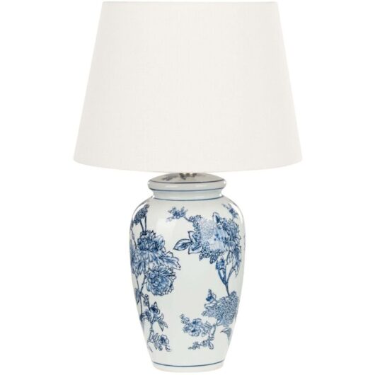 Beliani - Classic Bedside Table Lamp with Fabric Linen Shade Drum Shape Porcelain Base White and Blue Beluso