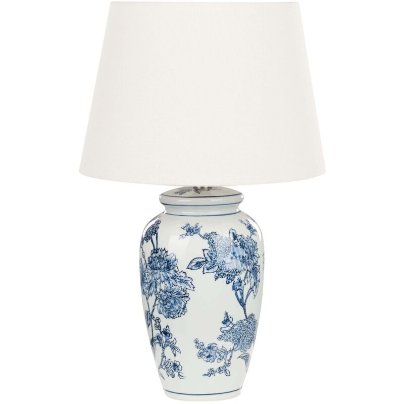 Beliani - Classic Bedside Table Lamp with Fabric Linen Shade Drum Shape Porcelain Base White and Blue Beluso