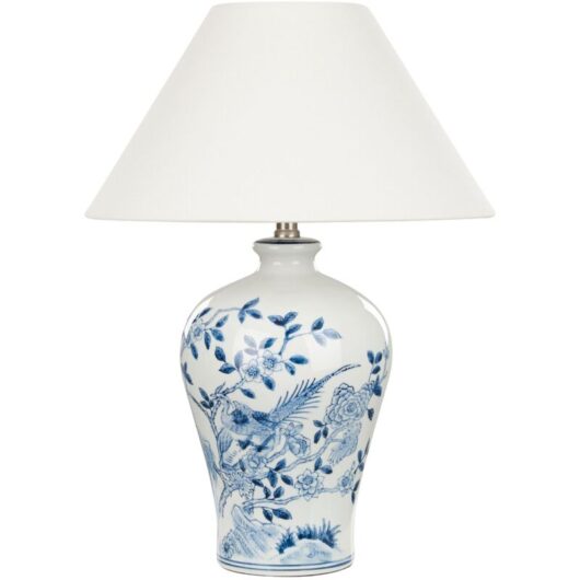 Beliani - Modern Bedside Table Lamp with Fabric Linen Shade Drum Shape Porcelain Base White and Blue Magros