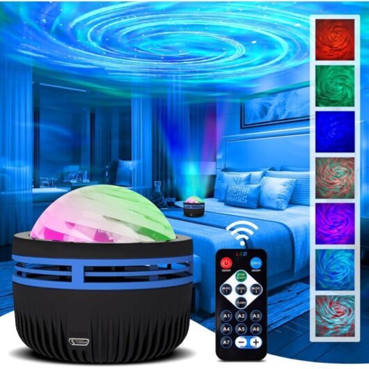 LED starry sky projector with remote control and 7 light effects, dimmable RGB projection lamp, night light for bedroom, party (A) [Energy class A]