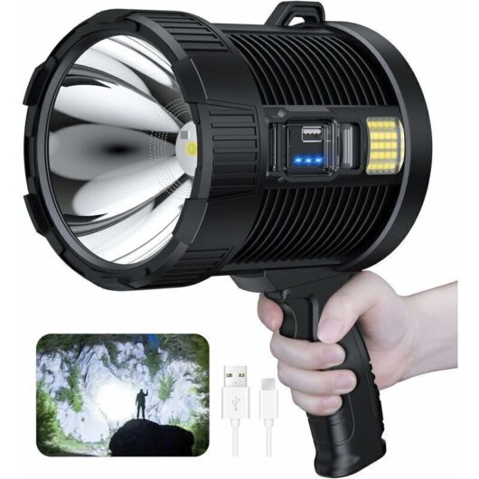 Rechargeable spotlight - 100,000 lumens - Handheld LED spotlight - Large flashlight - Super bright outdoor solar spotlight - With COB lamp - 6 modes