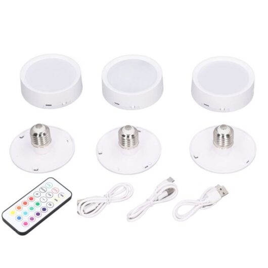 Set of 3 dimmable LED lamps, 4 colours, rechargeable, battery powered, with E26 base and remote control.
