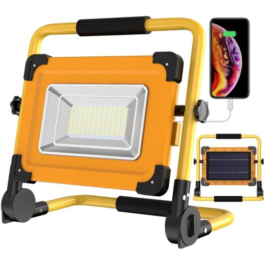 100W Solar Rechargeable led Work Light, 120 led Work Lamp, 12000mAH Battery Waterproof usb Power Bank for Car Repair, Garage, Camping