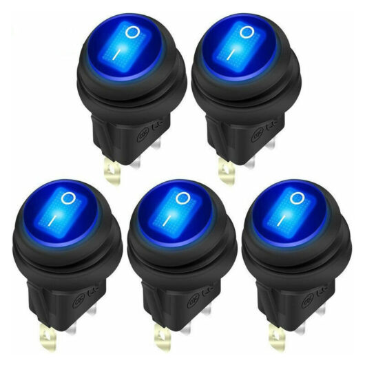 12V 20A Waterproof Rocker Switch Blue led Lighted Round on Off 3 Pin 12 Volt Weatherproof Illuminated Toggle for Marine Car rv Truck -5Pack