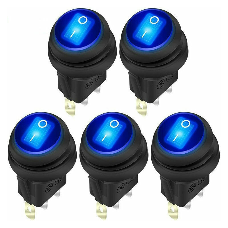 12V 20A Waterproof Rocker Switch Blue led Lighted Round on Off 3 Pin 12 Volt Weatherproof Illuminated Toggle for Marine Car rv Truck -5Pack