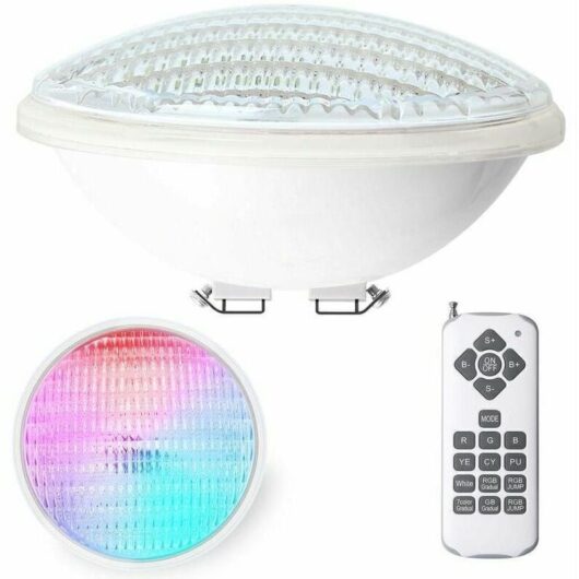 12W IP68 Waterproof PAR56 LED Pool Light, Submersible, with Remote Control. This RGBW pool light offers 7 adjustable colors and 15 different lighting
