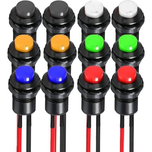 12pcs 12mm Pre-wired SPST ON/OFF Locking Push Button Switch AC 250V/1.5A 125V/3A, Mini Round Locking Rocker Switch for Table Lamp, Household