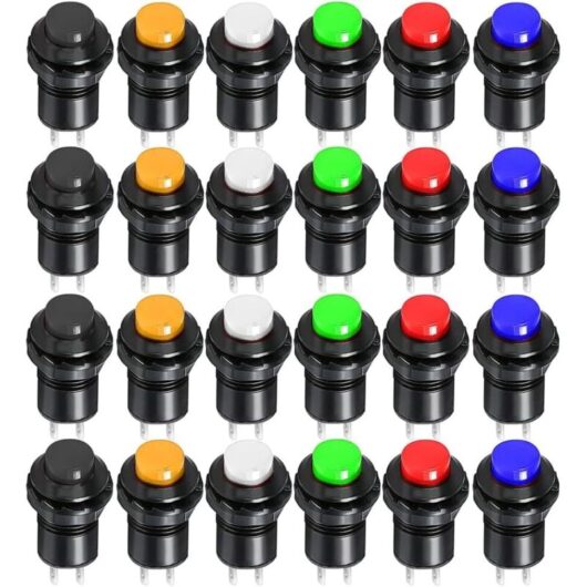 24pcs 12mm Locking Push Button Switch SPST ON/OFF AC 250V/1.5A 125V/3A, Lockable Mini Round Rocker Switch for Car Horn, PC, Table Lamp, Doorbell