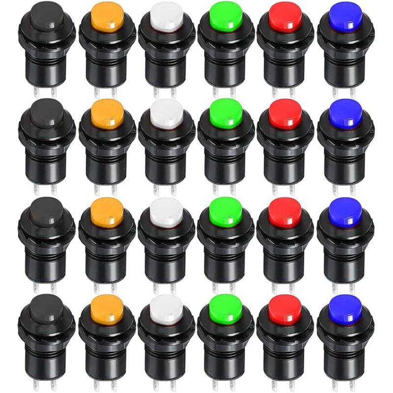 24pcs 12mm Locking Push Button Switch SPST ON/OFF AC 250V/1.5A 125V/3A, Lockable Mini Round Rocker Switch for Car Horn, PC, Table Lamp, Doorbell