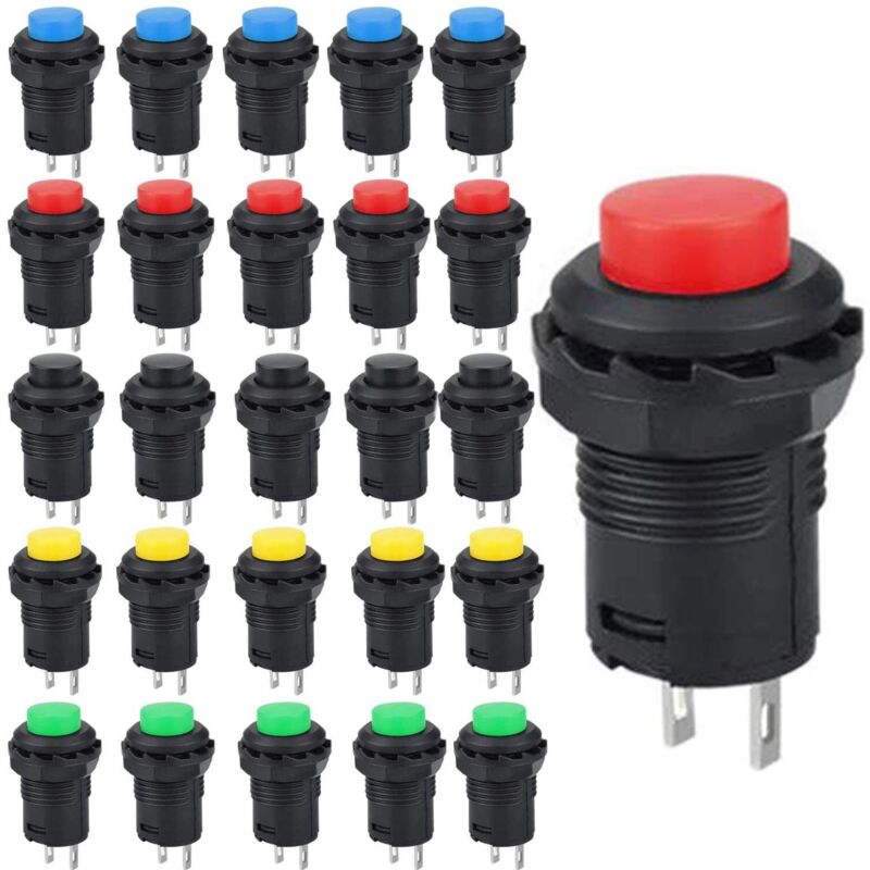 25pcs 12mm momentary push button switch, SPST ON/OFF, momentary power switch, round rocker switch, for car horn, PC, table lamp