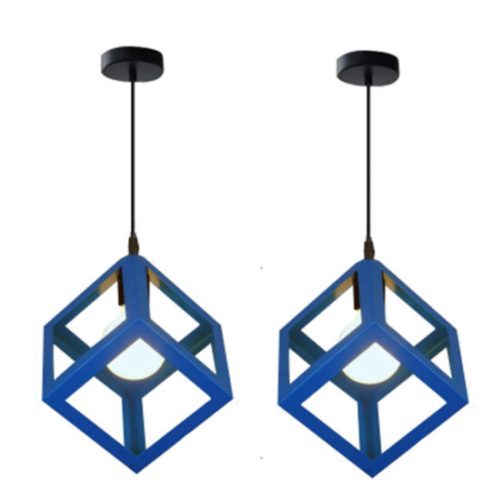 2X Retro Ceiling Lights Modern Hanging Lamp Square Pendant Light (Color:Blue) Iron Metal Cage Pendant Light Creative Geometric Ceiling Light