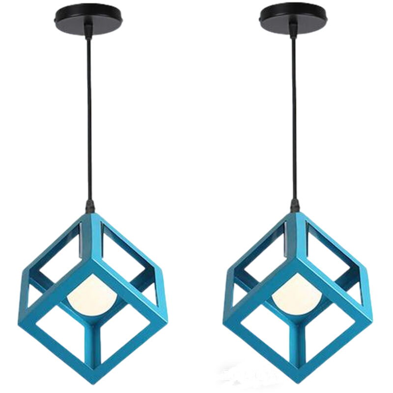 2X Retro Ceiling Lights Modern Hanging Lamp Square Pendant Light (Light Blue) Iron Metal Cage Pendant Light Creative Geometric Ceiling Light