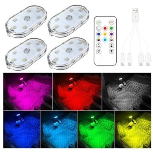 4 x LED Lights for Car with Remote Control, 7 Colours LED Interior Lighting for Car, Mood Lighting for Car Interior, Portable LED Light for Car