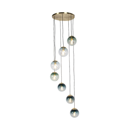 Art Deco Pendant Light Brass with Blue Glass 7-Light - Pallon