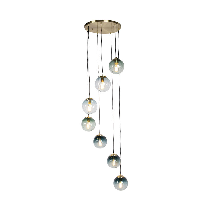 Art Deco Pendant Light Brass with Blue Glass 7-Light - Pallon