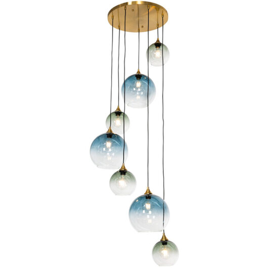 Art Deco Pendant Light Brass with Blue Glass Round 7-Light - Sandra