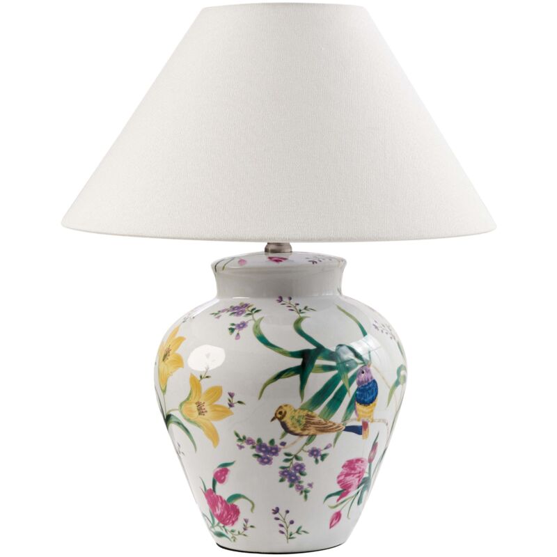 Beliani - Stylish Table Lamp with a Floral Patten Porcelain Base Linen Bell Shade Lighting White Diogo
