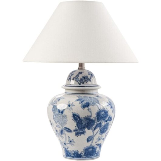 Beliani - Stylish Table Lamp with a Floral Patten Porcelain Base Linen Bell Shade Lighting White and Blue Sorraia