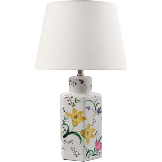 Beliani - Stylish Table Lamp with a Floral Patten Porcelain Base Linen Drum Shade Lighting White Cavado