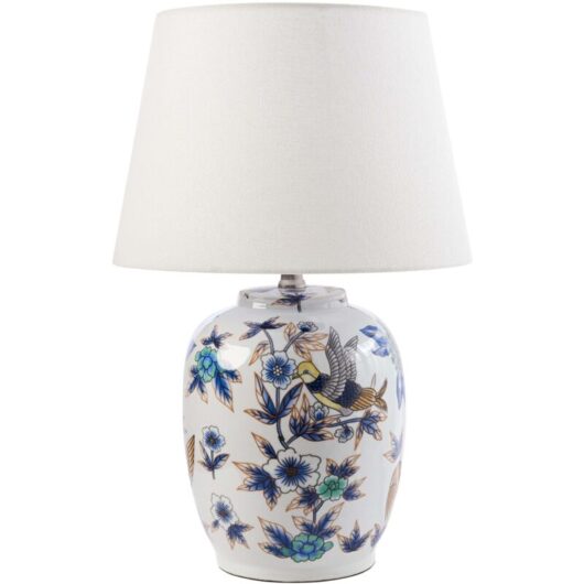 Beliani - Stylish Table Lamp with a Floral Patten Porcelain Base Linen Drum Shade Lighting White and Blue Sunja