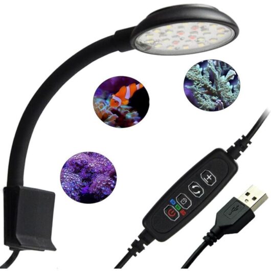 Clip-on aquarium light with white and blue light, 7W for aquariums from 20 to 40cm with timer and memory function. Aquarium lighting suitable for