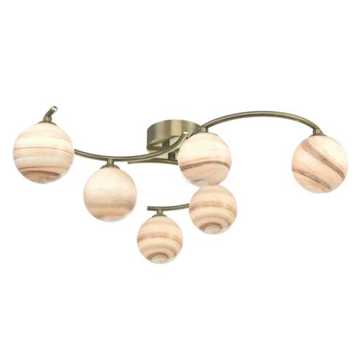 Dar Lighting ATI6475-07 Atiya 6 Light Semi Flush In Antique Brass With Planet Style Glass