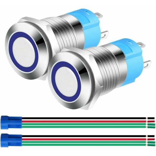 Dewdat - 2pcs 12mm Stainless Steel Momentary Push Button, 12V-24V 3A Normally Open spst on Off Waterproof Lever Switch with Socket Plug (Blue led)