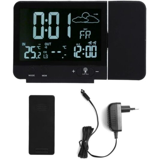 Digital Projection Alarm Clock, Radio Ceiling Projection Alarm Clock with Weather Station, Wired Thermometer, Hygrometer, Temperature and Humidity