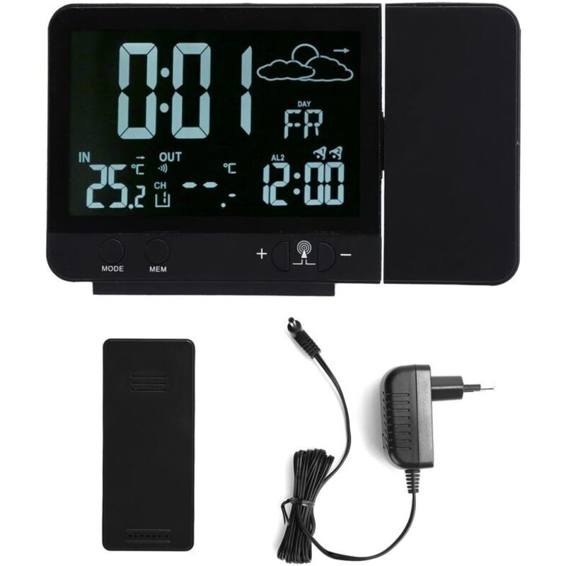 Digital Projection Alarm Clock, Radio Ceiling Projection Alarm Clock with Weather Station, Wired Thermometer, Hygrometer, Temperature and Humidity