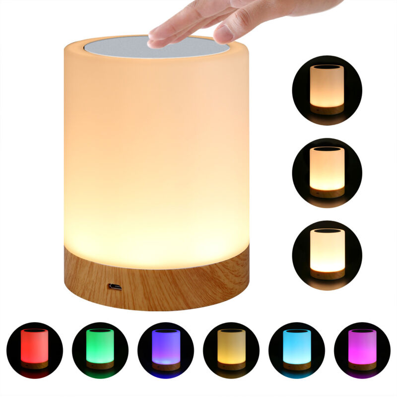 Dimmable touch bedside lamp with 6 changing RGB colors, warm LED night light for children, USB rechargeable battery with memory function