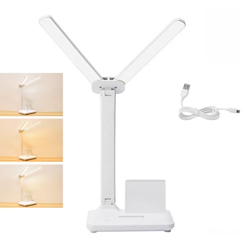 Dual LED desk lamp with USB charger, adjustable intensity and colour for office, reading and study lighting.