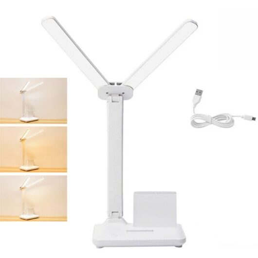 Dual LED desk lamp with USB charging port, dimmable, and color selection. Ideal for office lighting, reading, and studying.