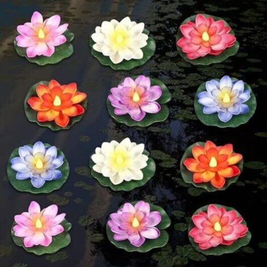 Floating Pool Lights, (5.9''/12 pieces) Floating Artificial Water Lilies with yellow light pool light battery operated pool lamp for swimming pool