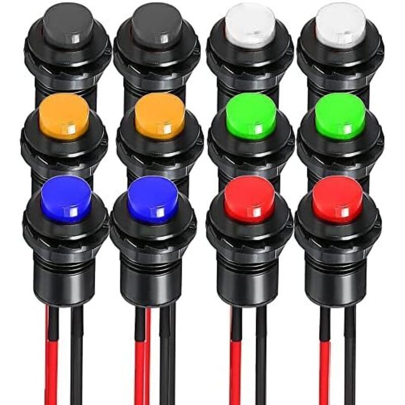 Gebildet 12pcs 12mm Pre-wired Self-locking Push Button Switch DS-428/427/425, Mini Round Rocker Switch, for Table Lamp, Household Appliances